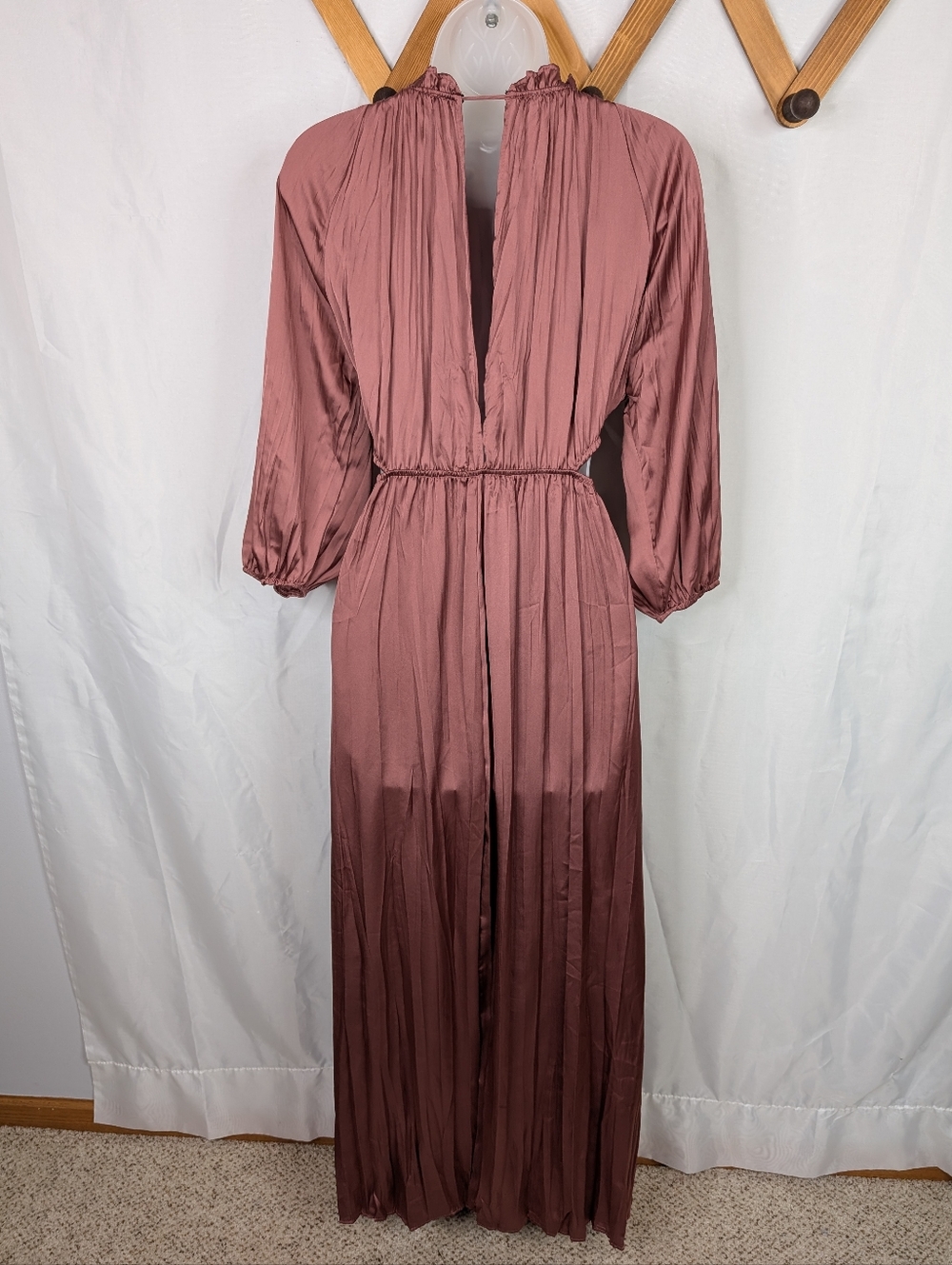 Zara Marsala Satin Effect Pleated Cutout Long Sleeve Maxi Dress - Size Small - Picture 4 of 9